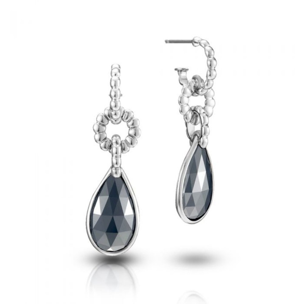 RARE JOHN HARDY STERLING SILVER BATU BEDEG SMALL HOOP DROP EARRINGS W/ HEMATITE